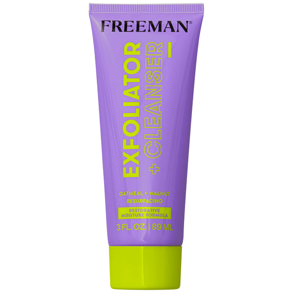 Facial exfoliator cleanser tube in purple with lime green bottom