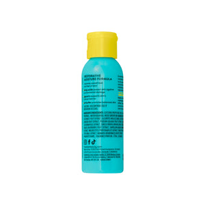 Restorative warming gel-to-oil facial mask back label on blue bottle with yellow cap