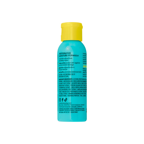 Restorative warming gel-to-oil facial mask back label on blue bottle with yellow cap