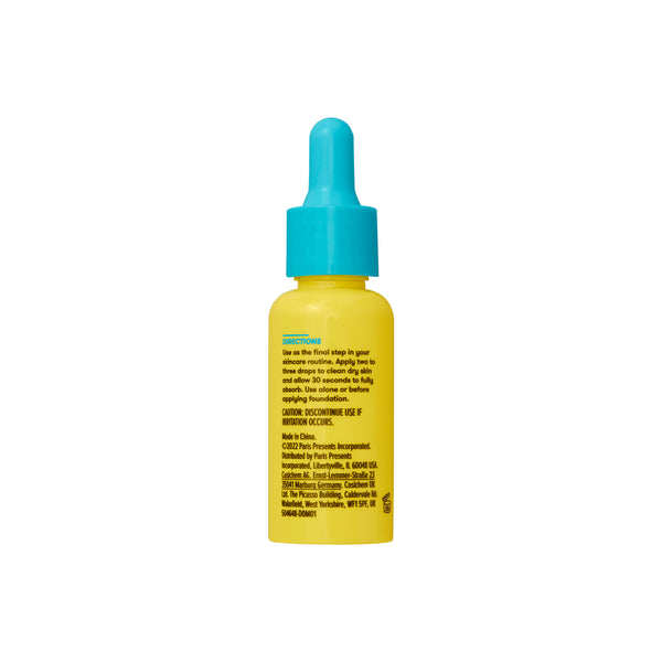 Glow serum and makeup primer bottle with readable back label and teal dropper