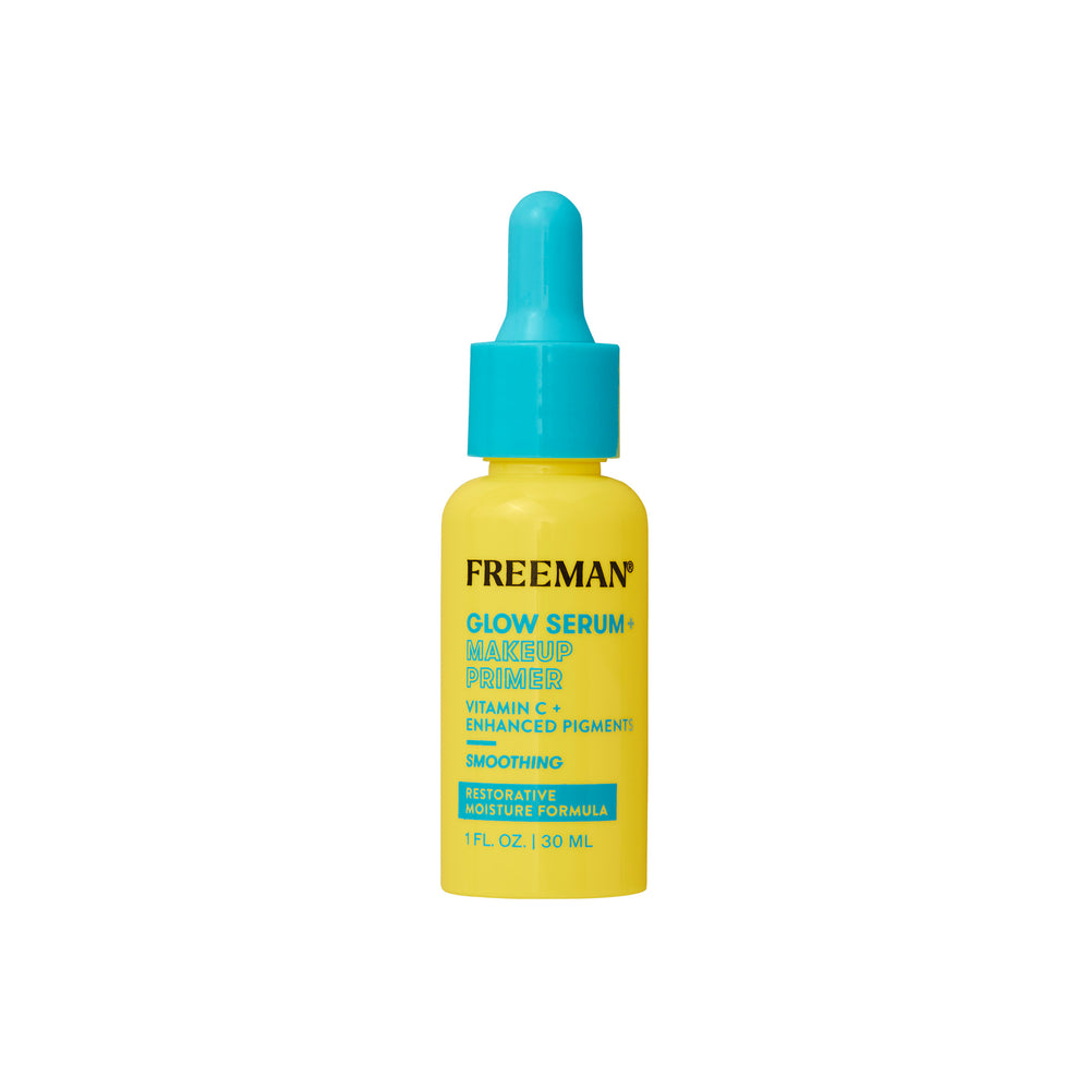 Glow serum and makeup primer bottle with teal dropper and yellow label
