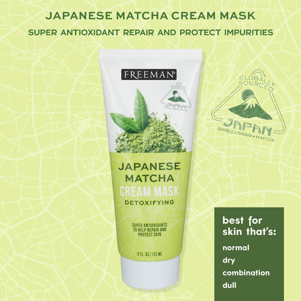 Freeman Japanese Matcha cream mask tube with matcha leaf and map graphics