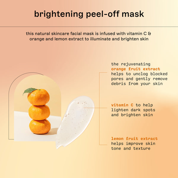 Brightening peel-off mask info panel showing orange fruit extract and vitamin C benefits
