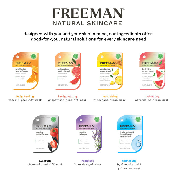 Freeman Natural Skincare mask lineup poster with eight mask types shown