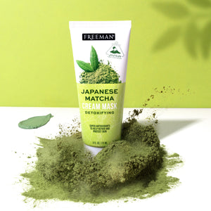 Freeman Japanese Matcha cream mask tube with loose green matcha powder pile