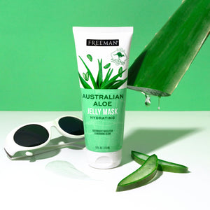 Hydrating Australian aloe jelly mask tube with aloe leaf and gel swatches