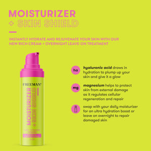 Moisturizer + Skin Shield bottle with pink pump and green label on promo card