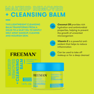 Freeman makeup remover cleansing balm jar with blue lid, yellow-green label.