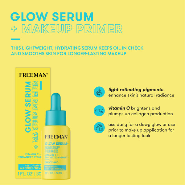 Glow serum and makeup primer bottle with teal dropper cap and yellow label