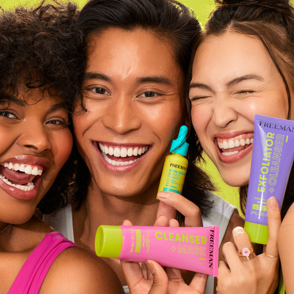 People holding FREEMAN skincare tubes and bottle, including Moisturizer + Skin Shield
