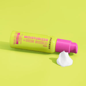 Moisturizer + Skin Shield bottle with pink pump and dollop of cream