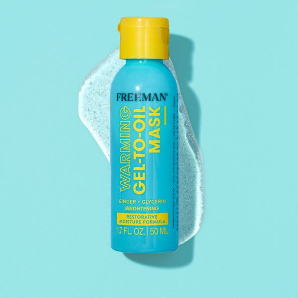 Restorative warming gel-to-oil facial mask bottle with foam-like gel swatch