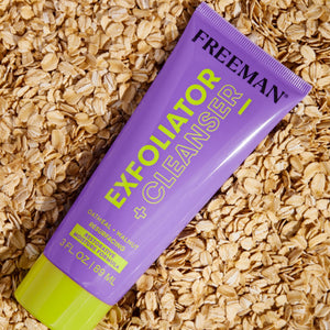 Purple facial exfoliator cleanser tube with lime green base on oat flakes
