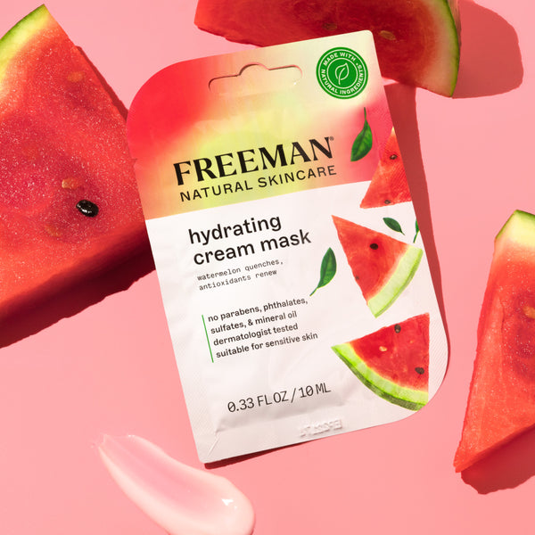 Freeman Natural Skincare hydrating cream mask pouch with watermelon antioxidant artwork