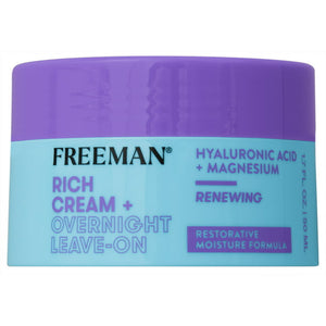 Freeman rich cream + overnight leave-on jar front label, hyaluronic acid and magnesium