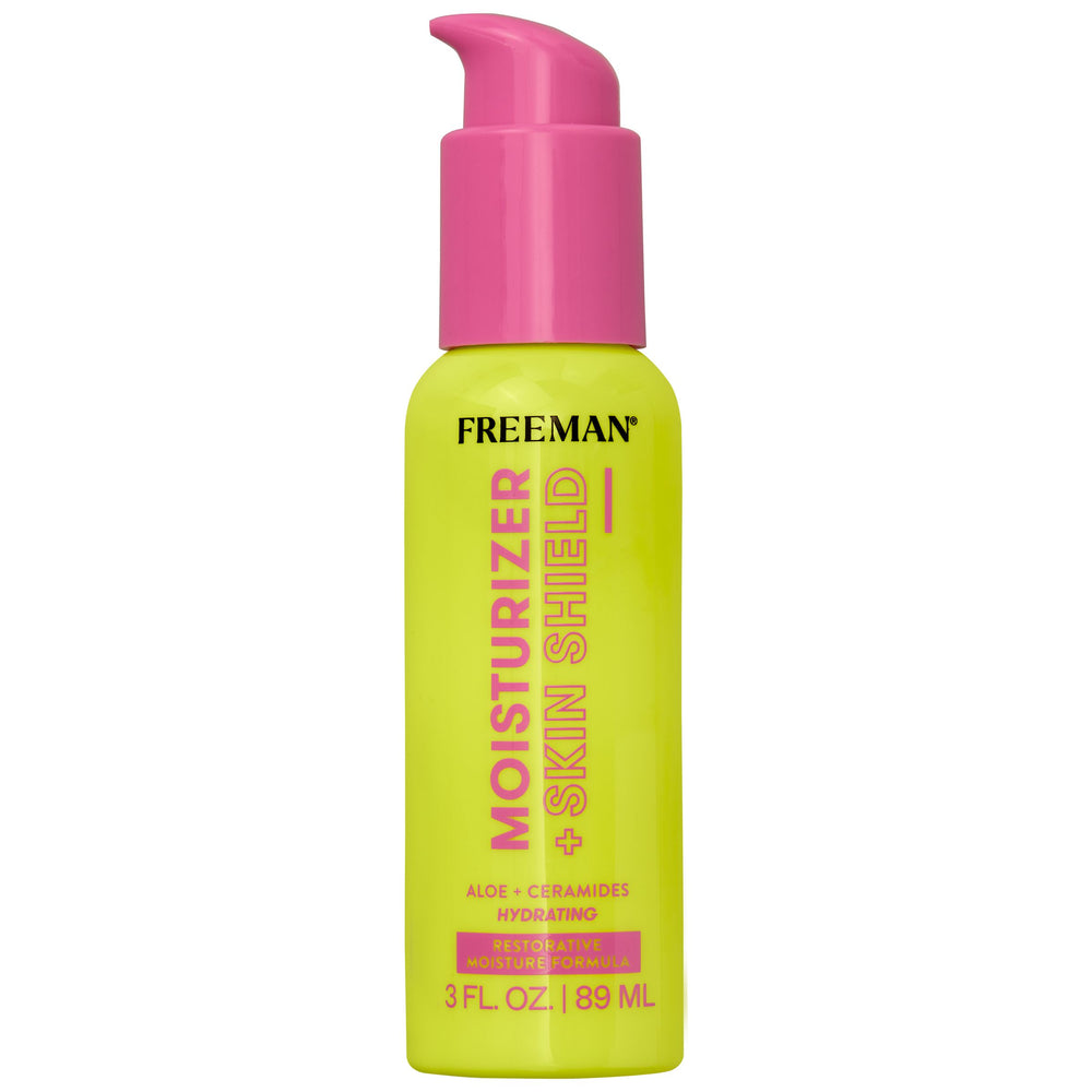 Moisturizer pump bottle with green label and pink dispenser, FREEEMAN Moisture + Skin Shield