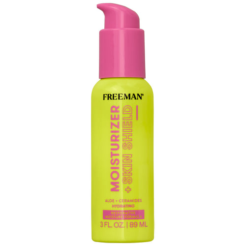 Moisturizer pump bottle with green label and pink dispenser, FREEEMAN Moisture + Skin Shield