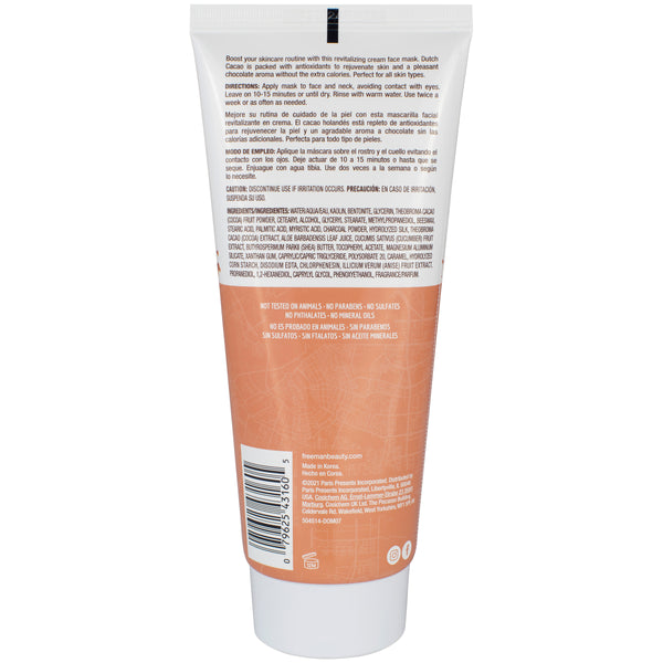 Freeman Dutch cacao cream mask back label tube, orange ingredients panel