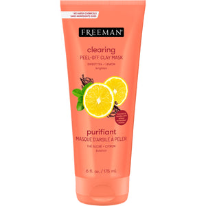 Freeman clearing peel-off clay mask tube in orange, sweet tea and lemon peel artwork