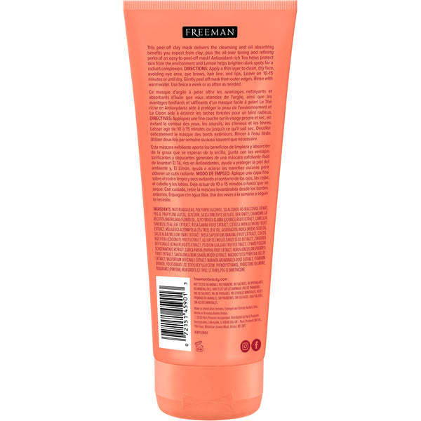 Freeman peel-off clay mask tube back label view, orange packaging