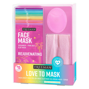 Freeman face mask kit box with pink applicator pad and stacked mini clay mask packets