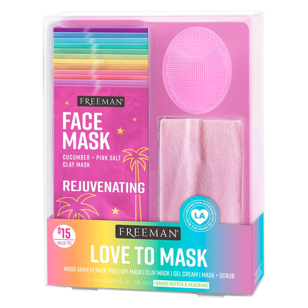 Freeman face mask kit box with pink applicator pad and stacked mini clay mask packets