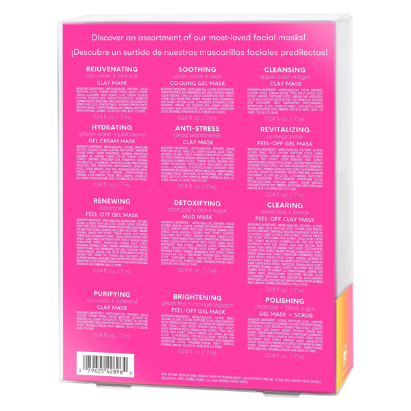 Freeman face mask assortment box back listing multiple facial mask types and benefits