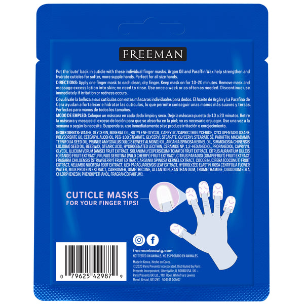 Freeman cuticle mask sachet back panel with ingredient and use text