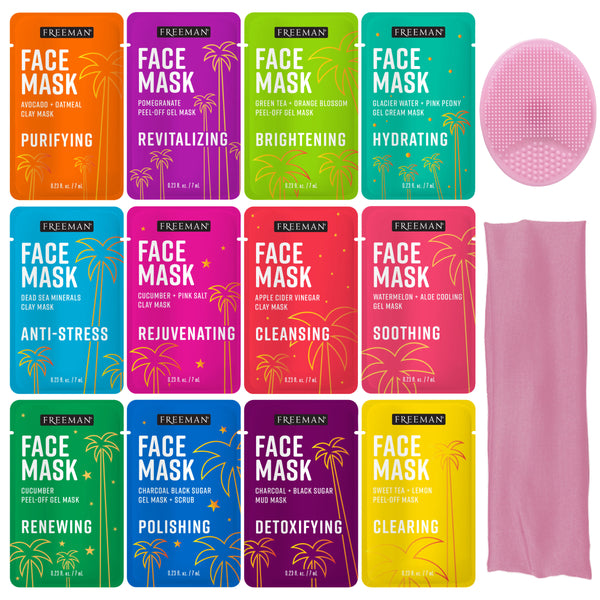 Assorted Freeman face mask packets in multiple colors with a round pink applicator pad